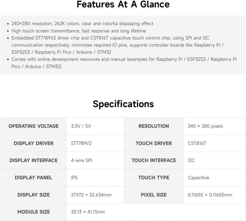 Waveshare شاشة LCD دائرية بحجم 1.69 بوصة، متوافقة مع Raspberry Pi 5، وحدة عرض مع لوحة لمس، شاشة LCD صغيرة، دقة 240×280، IPS، اتصال SPI و I2C، 262K لون عرض - Image 4